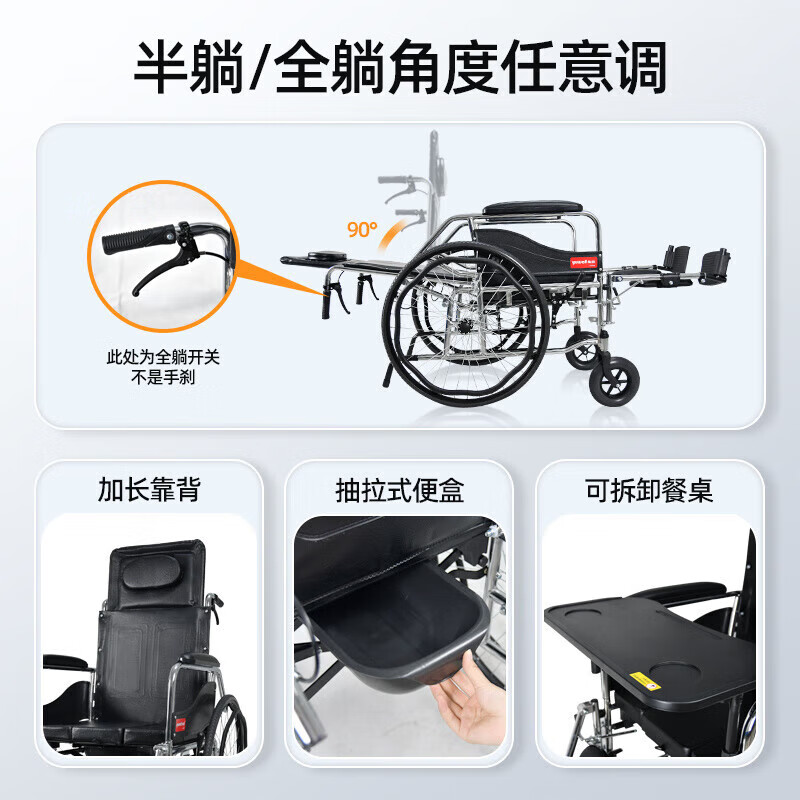鱼跃轮椅车折叠H008B轻便老人专用带坐便器瘫痪护理代步手动推车 H008B实心胎高靠背全躺-