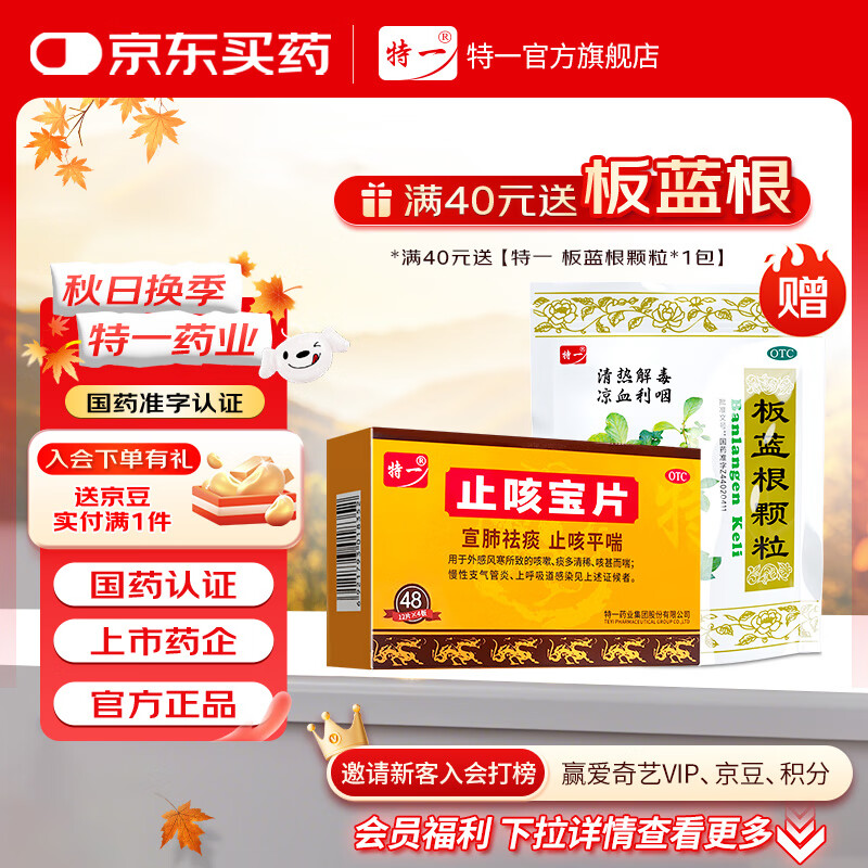 特一 止咳宝片 0.35g*12片*4板 宣肺祛痰 止咳化痰清肺平喘 上呼吸道感染感冒咳嗽药慢性支气管炎