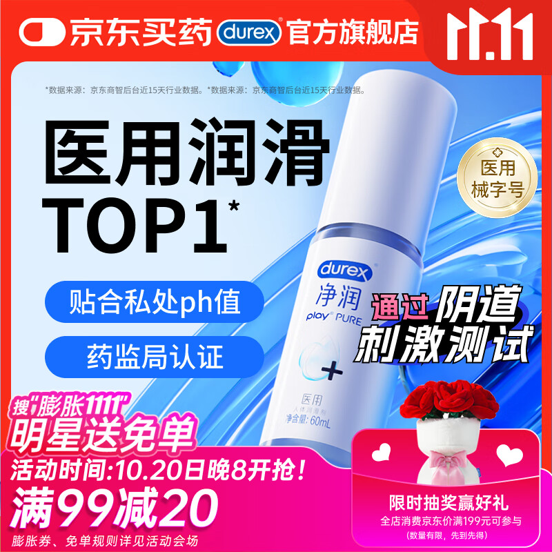 杜蕾斯（durex）净润人体医用润滑液60ml 情趣用品夫妻床上 润滑油剂房事免洗可舔