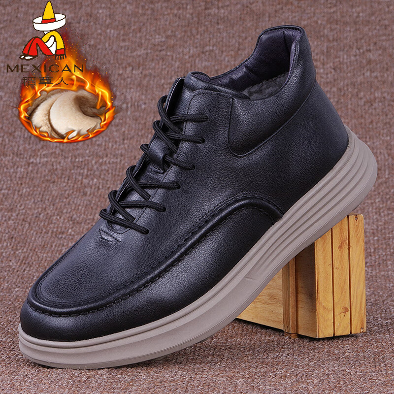 稻草人（MEXICAN）品牌男士真羊毛加绒保暖棉皮鞋头层牛皮羊毛一体雪地靴高帮马丁靴 黑色(羊毛一体) 40