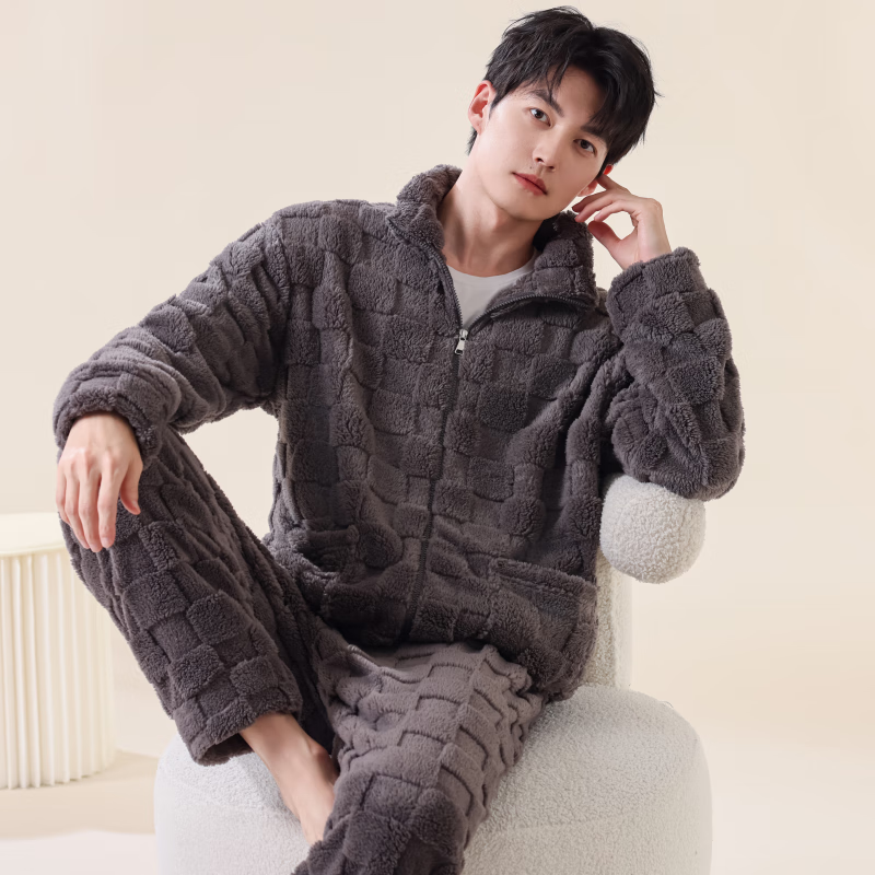 雪中飞睡衣冬季男2025年新款拉链加绒加厚珊瑚绒可外穿大码家居服套装 NSCJF-深灰方格拉链 L 【建议110-130斤】