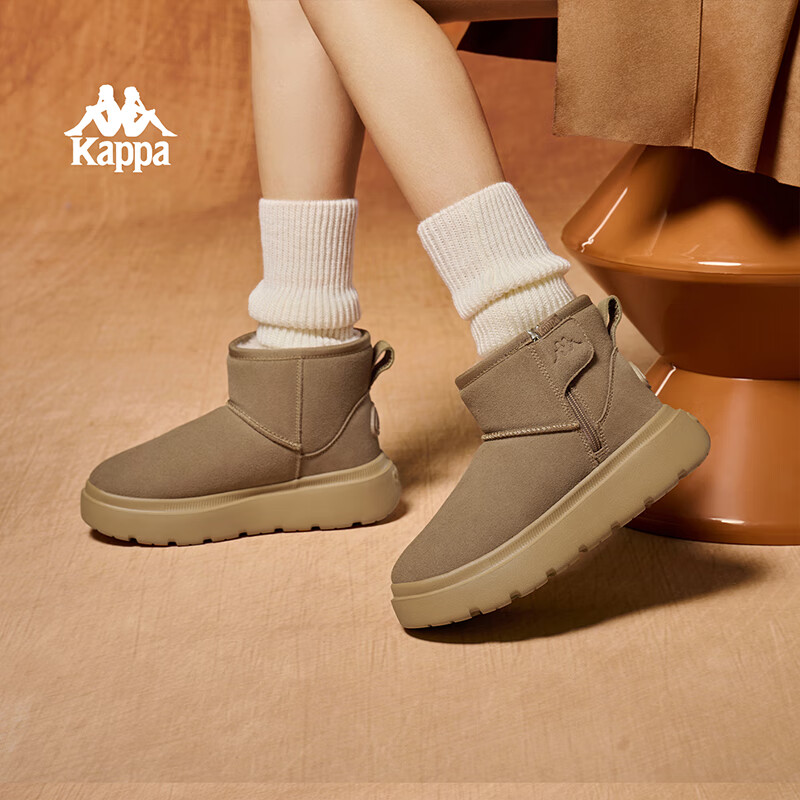 Kappa卡帕棉鞋女加绒保暖2025冬季新款软底复古雪地靴一脚蹬厚底棉靴子 铁锈棕 37