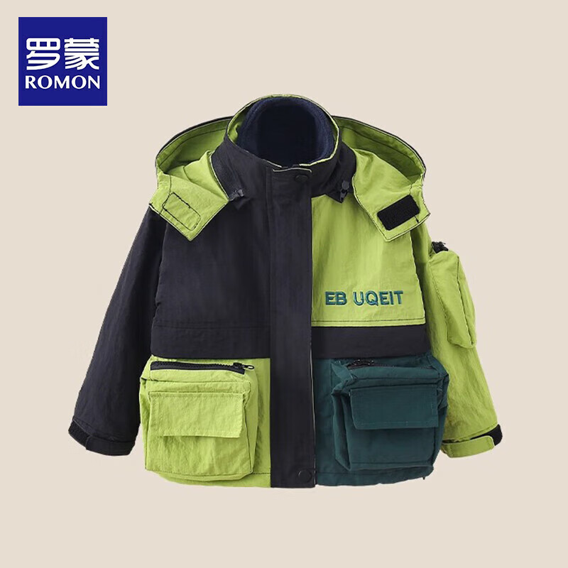 罗蒙童装男童秋季冲锋外套2025新款青少年儿童运动登山衣服 23C42黑绿拼色 【单外套无摇粒绒内胆】 100