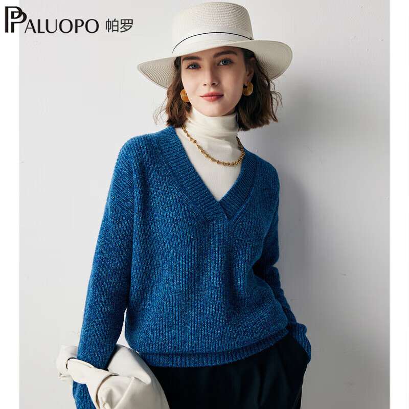 帕罗（PALUOPO）7针厚山羊绒秋冬新款V领通勤套头毛衣柔软保暖搭羊绒衫女ET23076R 青兰花金 L 165/105