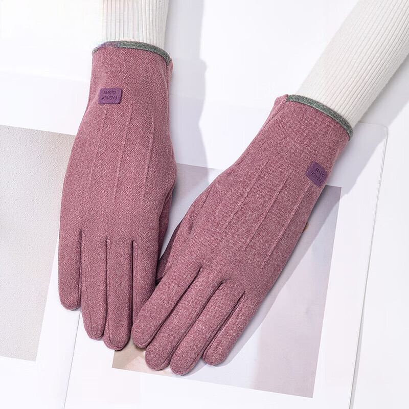 达芬奇密码 冬季保暖可爱女生日系心心兔子加绒分指手套带触屏 拼色 粉紫