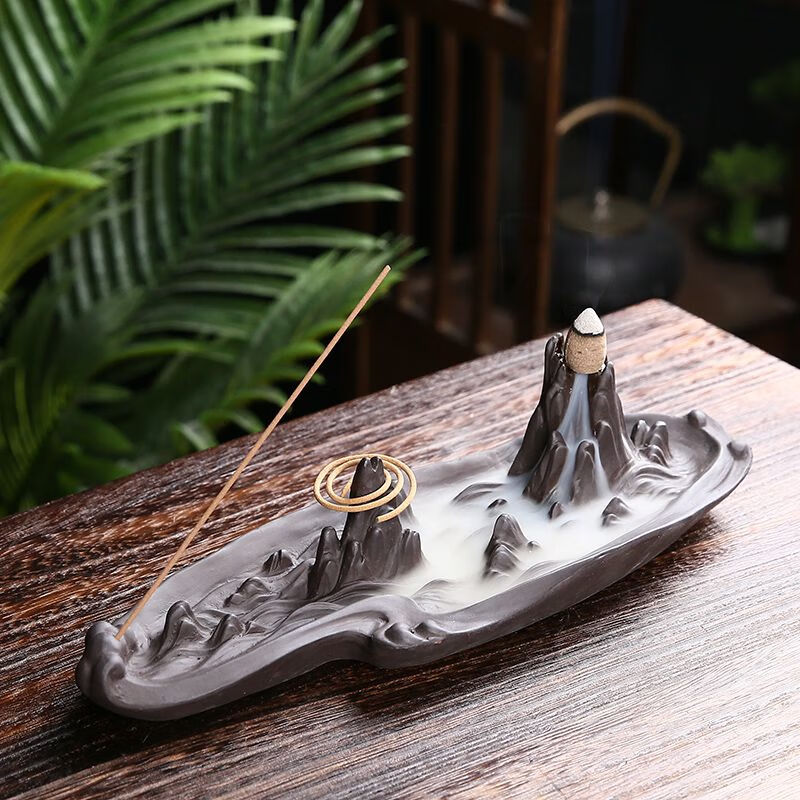 OYKTN盘香倒流香炉高山流水创意摆件紫砂线香炉禅意家用卧香熏炉线香插 浪涛山境 人工随机装-约50颗混合花香+镊子