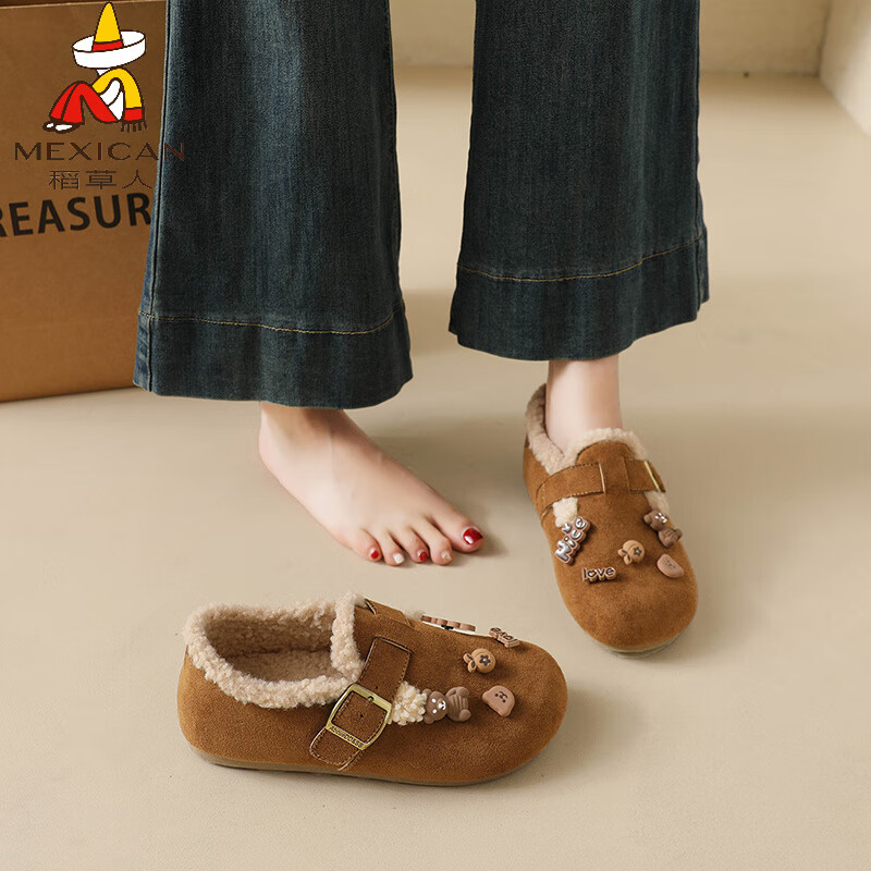 稻草人（MEXICAN）女鞋加绒勃肯鞋2026新款冬季一脚蹬豆豆鞋孕妇保暖棉鞋雪地靴34码 驼色【3.0cm软底】 34