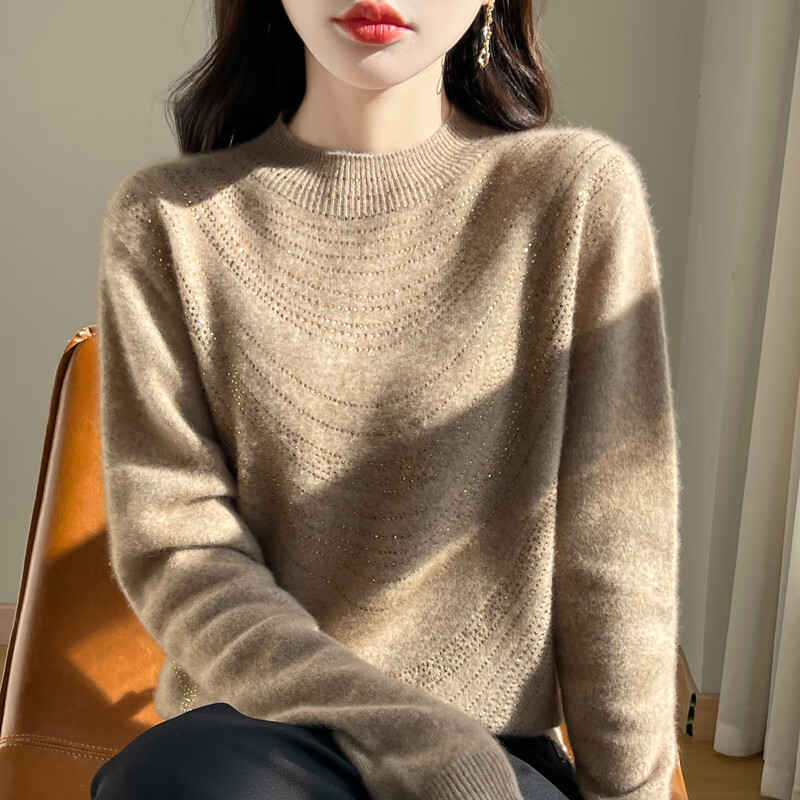 香影纯100%羊毛衫女半高领烫钻洋气打底衫女一线成衣毛衣女内搭针织衫女 安可拉红 2XL (建议125-135斤)