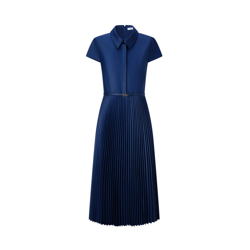 PORTS女裝秋冬新款襯衫領拼接百褶連衣裙ALT8D024NWP046 丈青 M 