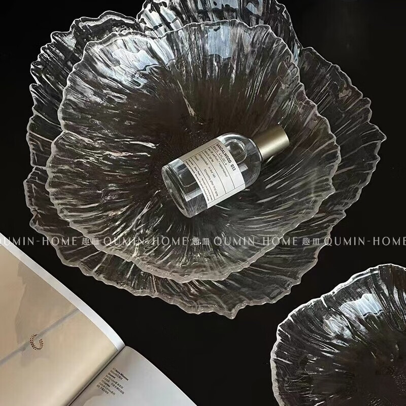 简漾玻璃贝壳果盘家用高颜值零食盘花朵型水果盘婚礼装饰不规则奶油盘 透明 三件套