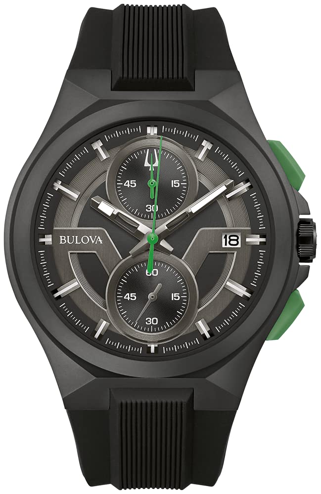 宝路华Bulova 宝路华 男士日本石英计时表 黑表带/绿色点缀 46.0 mm
