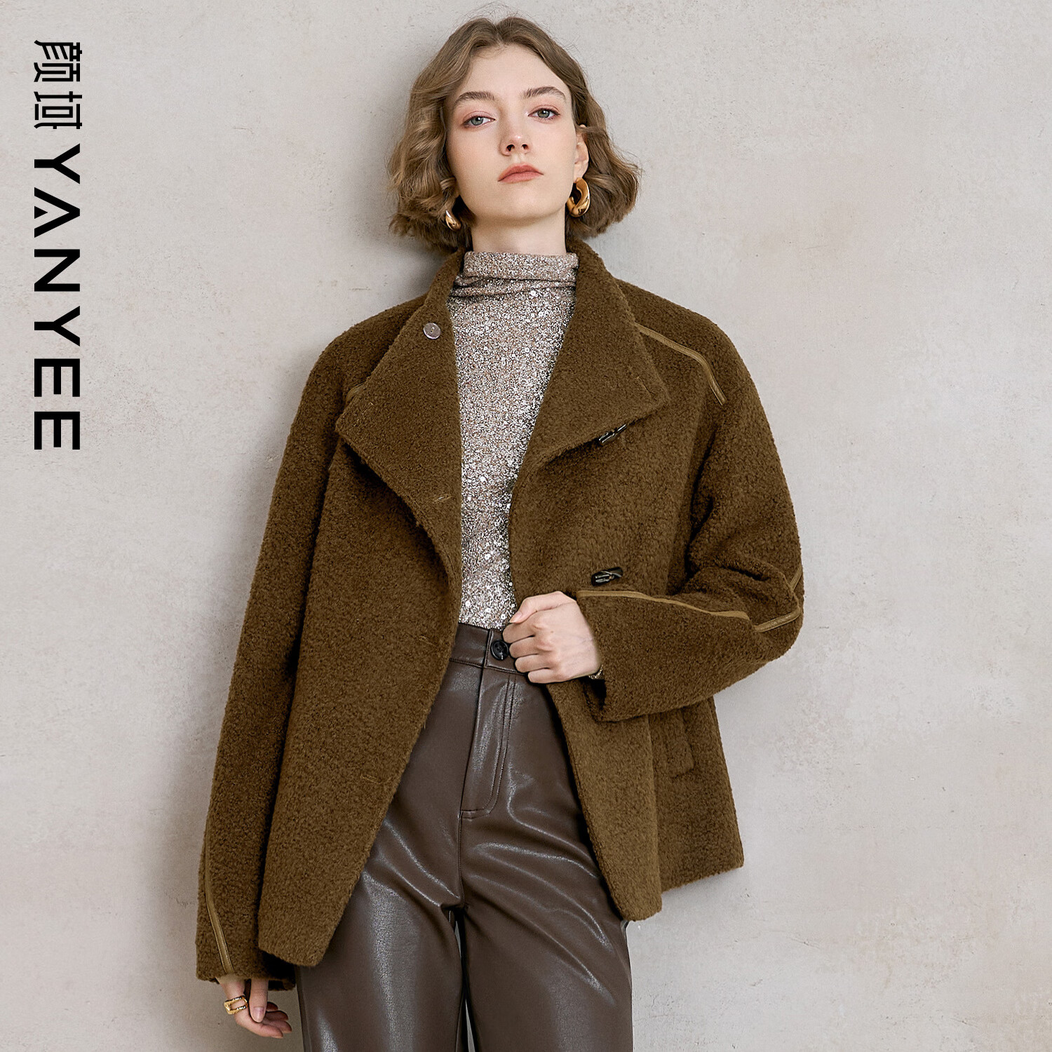 顏域咖色翻領(lǐng)毛呢外套女2025冬磨毛寬松短款通勤羊毛大衣 咖色 L