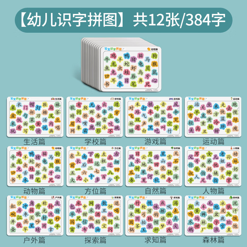宝宝幼儿早教识字拼图汉字认字认知卡片2-4到6岁儿童进阶益智玩具 12张/384字识字拼图【启蒙+进阶+高级】