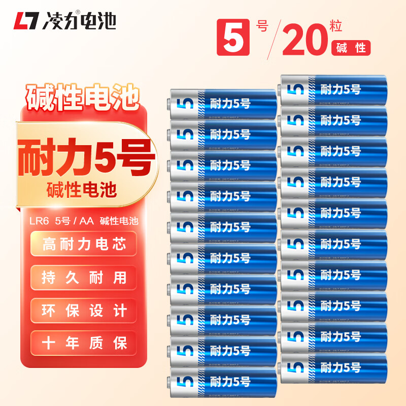 凌力耐力5号 碱性电池AA 适用玩具/血糖仪/遥控器/挂钟/鼠标键盘/智能门锁/赛车 5号AA【20粒】