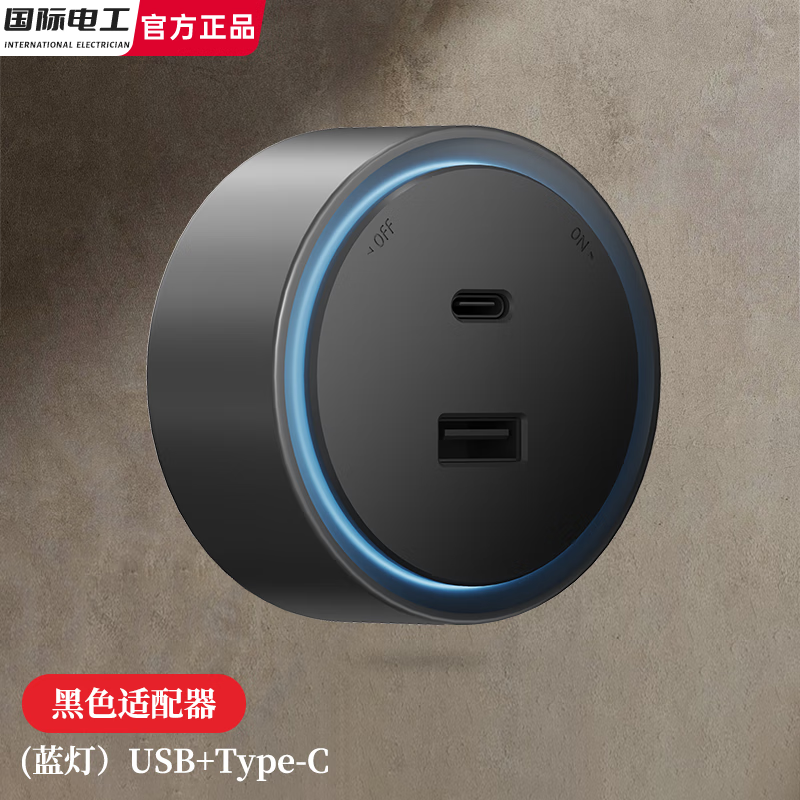国际电工明装山丘感应灯轨道插座可移动壁挂式电力导轨玄关餐边柜滑动电源 （黑色）USB+Type-c蓝灯适配器