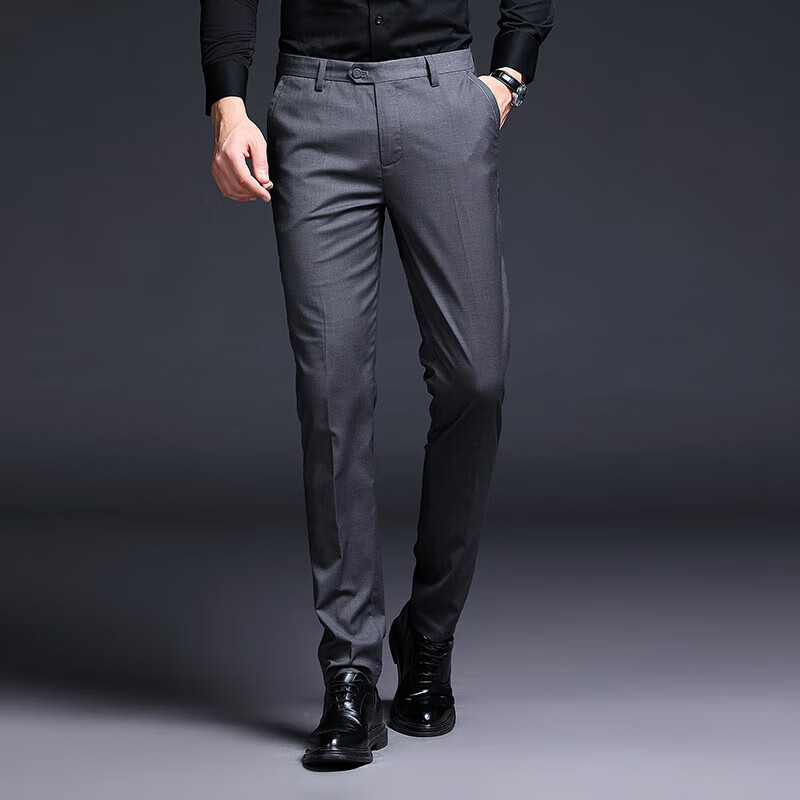 梦特娇男士休闲裤秋冬季修身直筒抗皱中年商务休闲西裤爸爸裤子 灰色--862  薄款品牌清仓断码 29 (2.23尺)