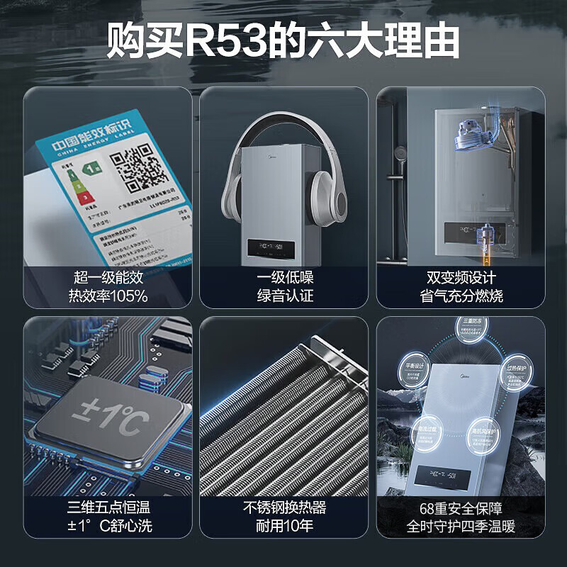 美的（Midea）壁挂炉R53一级能效冷凝炉天然气采暖锅炉热水供暖两用地暖暖气片以旧换新 一级能效 24KW121-180㎡ R53一级能效冷凝