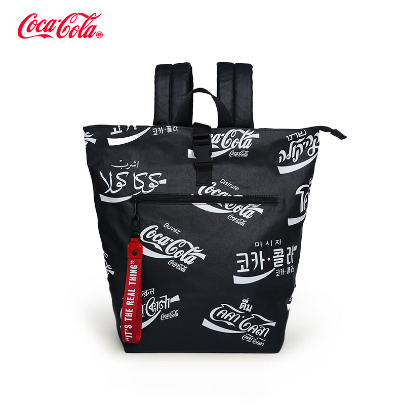 可口可乐(Coca-Cola)双肩包字母logo印花潮流运动休闲通勤包男女学生大容量电脑背包 黑色