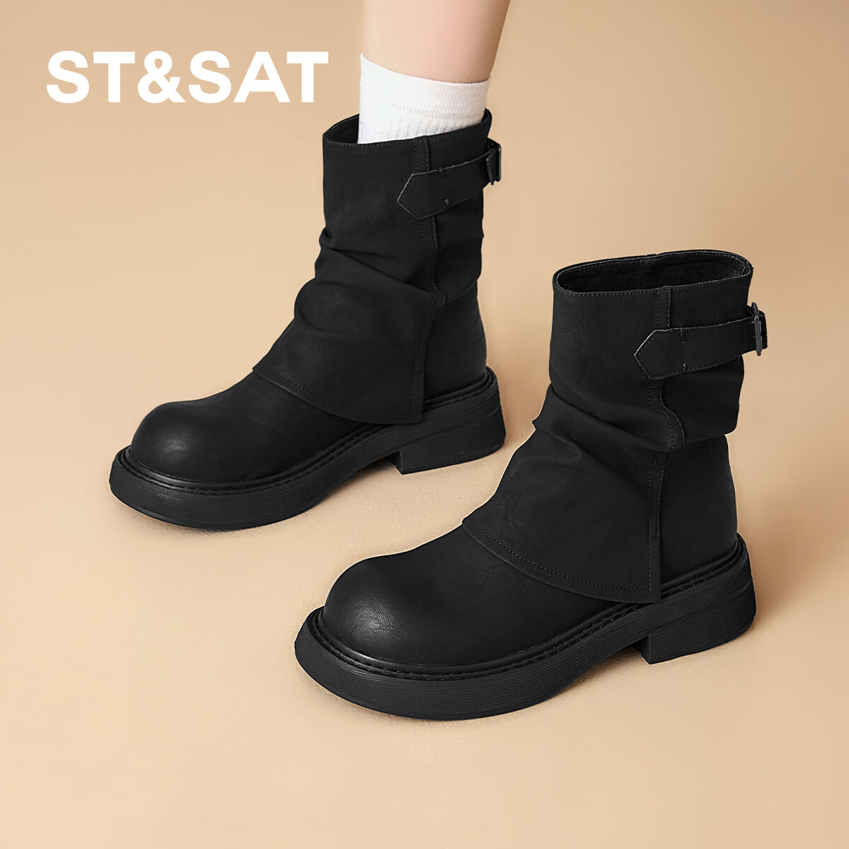星期六厚底马丁靴女2025新款爆款秋冬美拉德裤管靴小短靴西部牛仔靴子女 黑色 36