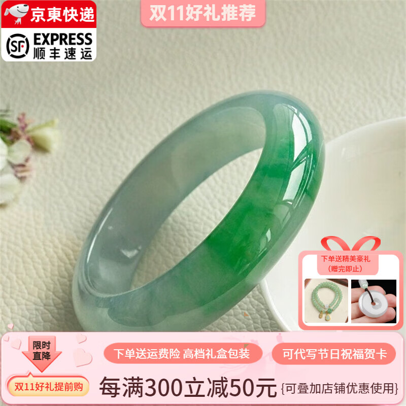 谧玉 翡翠手镯冰种玉手镯缅甸翡翠镯子女款平安镯处理送妈妈老婆礼物 内径56-57mm(附鉴定证书)