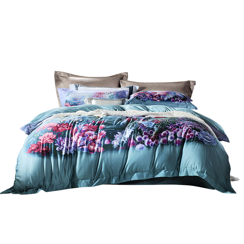 富安娜床上四件套纯棉 100s新疆长绒棉数码印花高端油画套件203*229cm紫