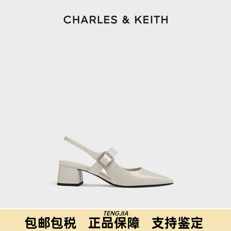 CHARLES&KEITH25秋季亮鉆方扣尖頭粗跟涼鞋單鞋 粉白色Chalk 34