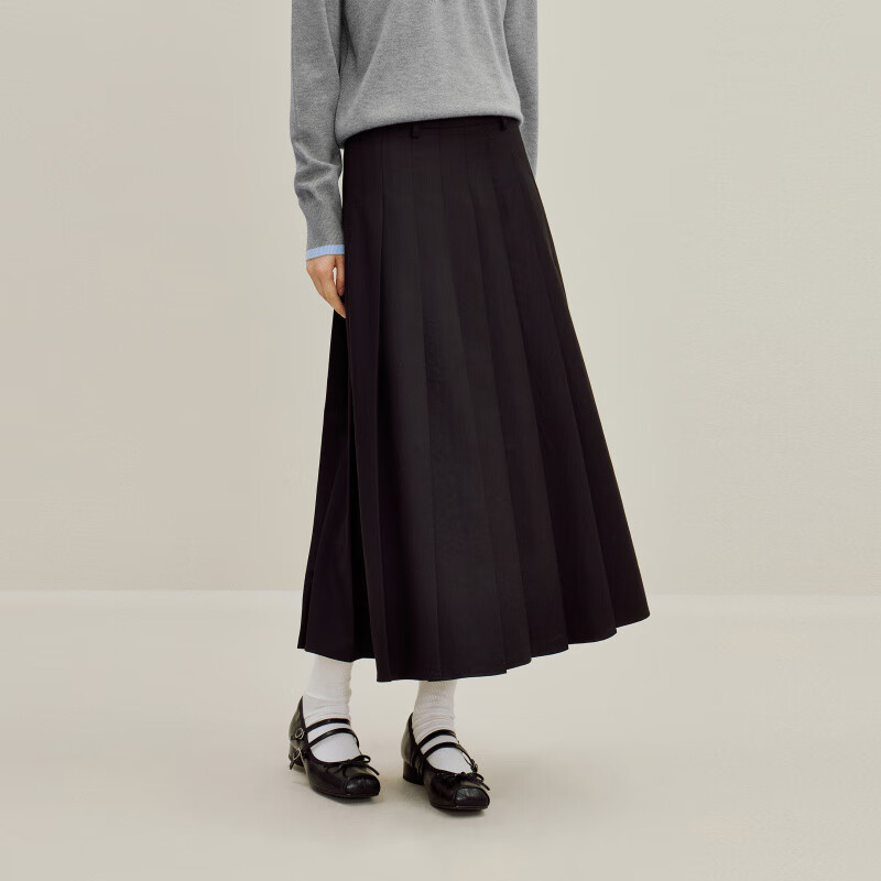 茵曼（INMAN）2025秋冬女装新款休闲通勤百褶半身裙高腰显瘦宽松A字中长裙 黑色 S