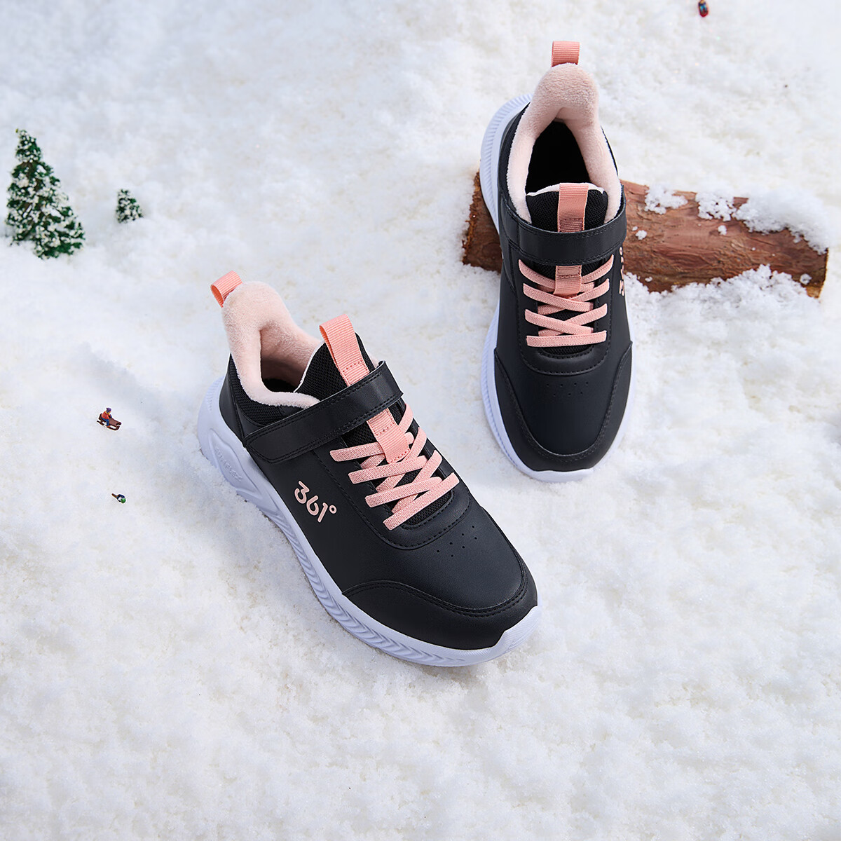 361°儿童运动鞋男童跑鞋秋冬密网轻便魔术贴女童皮革加绒保暖运动鞋 【皮革加绒】碳黑/日落粉色 39