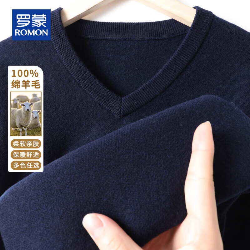 罗蒙（ROMON）重磅460G加厚保暖100%纯羊毛衫男V领纯色秋冬季休闲百搭毛衣男装