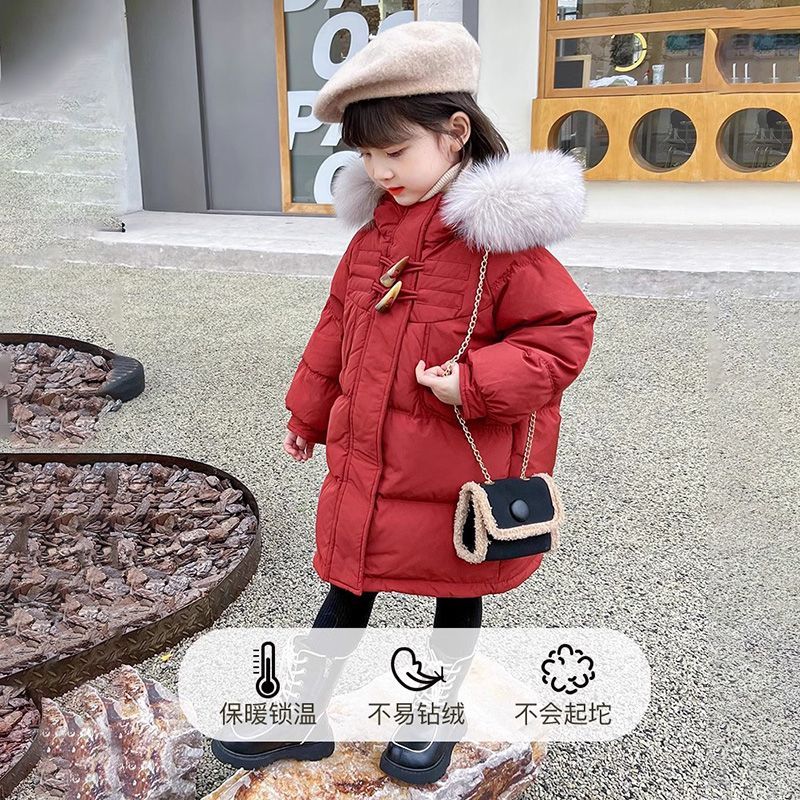 欧姆熊女童加厚长款羽绒服秋冬季2025新款洋气女孩宝宝轻薄儿童冬装外套 新年红长款羽绒服. 120