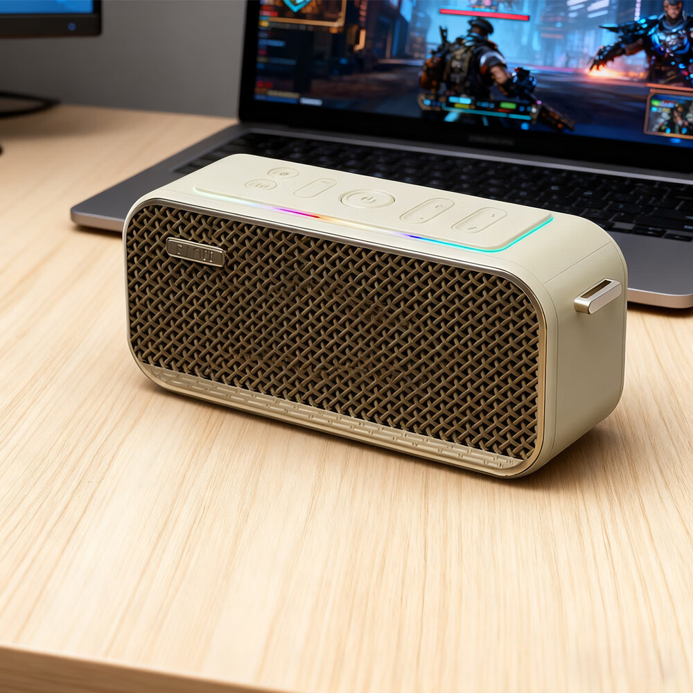 第一眼柏林之声重低音蓝牙音箱高音质无线音响有线桌面台式电脑家用低音炮笔记本插卡大功率户外男生礼物 米白色【标准版】4000mAh电池+蓝牙5.3 【3单元重低音+幻彩节奏灯】