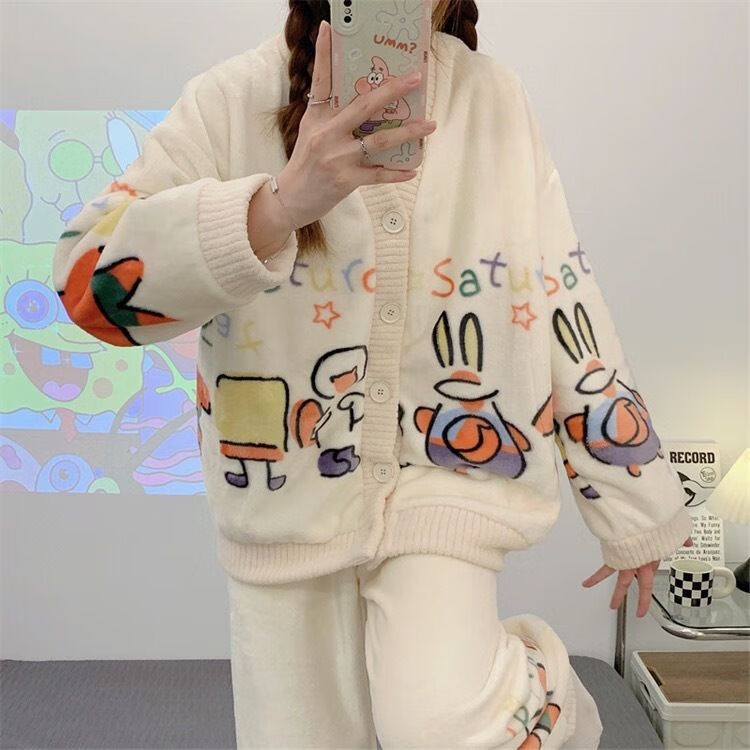 宝娜斯（BONAS）可爱花边睡衣宽松甜美法兰绒印花蝴蝶结加厚居家服可外穿套装 小星星套装 均码 （适合80-140）