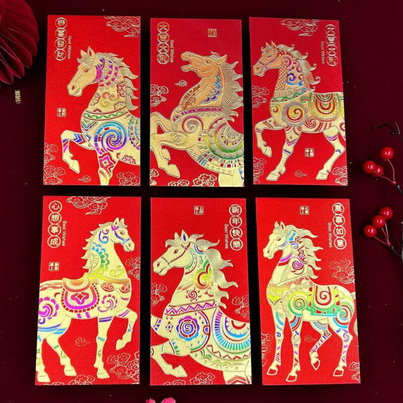 冠力熊 GUARLYXOR2026马年新款红包创意春节立体利是封卡通生肖通用过新年压岁红包 长款JC6951加厚硬纸红包 6个(百元平放3000元以下)