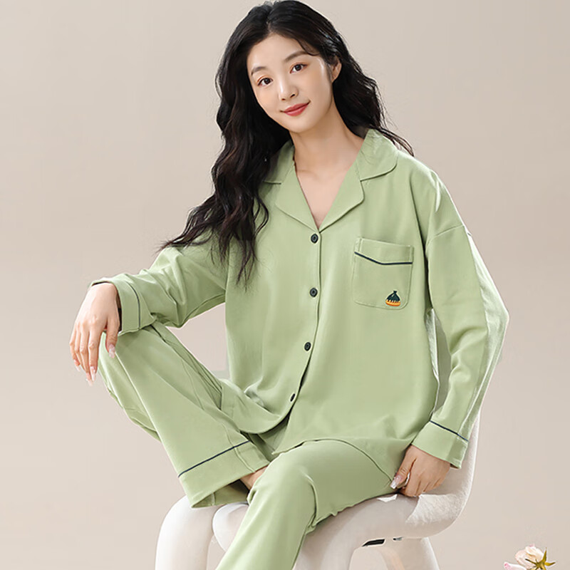 猫人纯棉睡衣女士2025年新款100%全棉秋冬季家居服可外穿大码长袖套装 翠绿色 100%纯棉 3XL 【适合160-180斤】