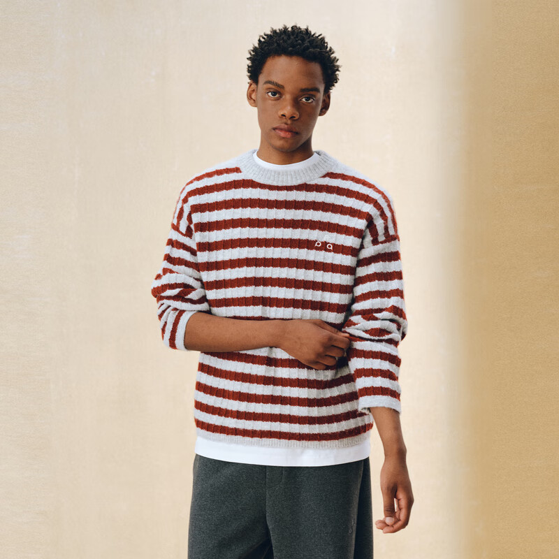 FPA条纹圆领毛衣 春秋季套头撞色休闲复古内搭高级情侣线衣针织衫 暗红色 M