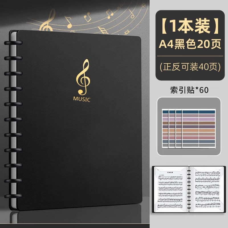 笔雾a4活页乐谱夹收纳册不反光可修改透明插页钢琴专用夹子大容量合唱歌谱曲资料册文件夹琴谱夹 【简约黑1本】20张/可装40页(送索引贴)