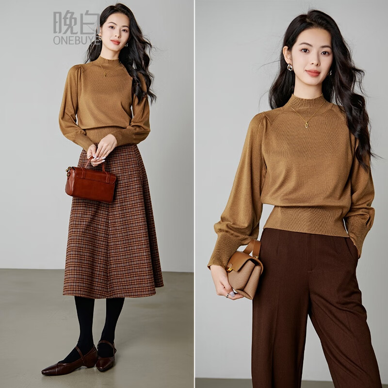 晚白【断码清仓】2026春款法式慵懒高弹立领时尚灯笼袖套头针织衫女 卡其色 L