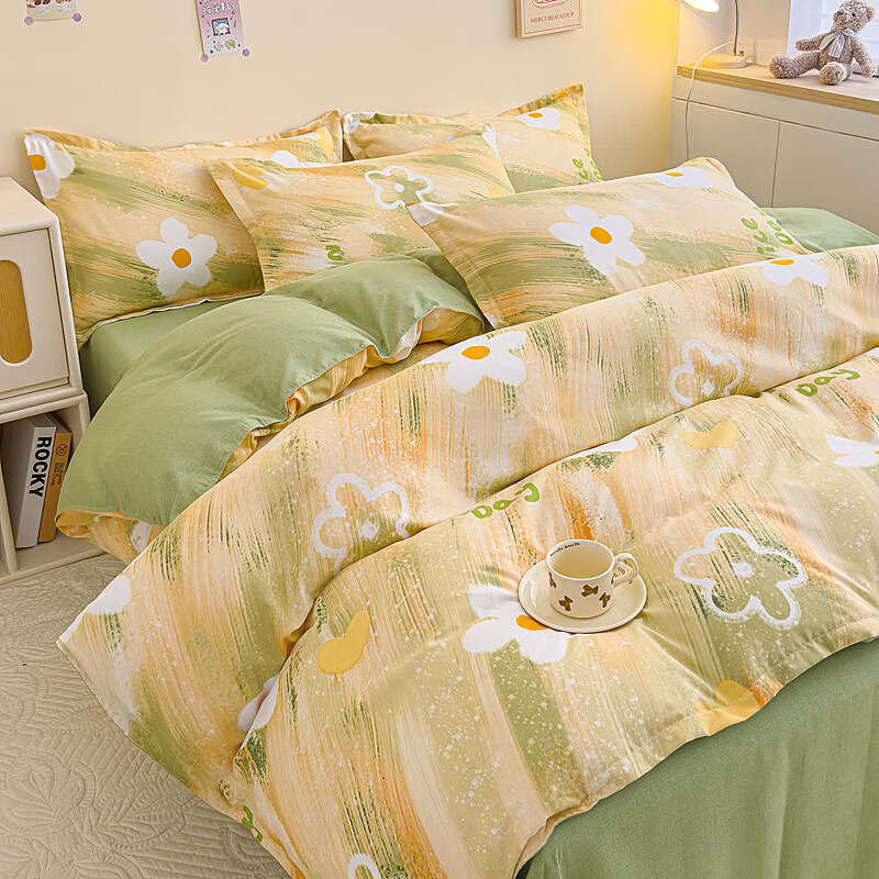 多兰诗（Duolanshi）春秋加厚磨毛四件套 ins四件套花卉田园风格床单被套四件套 悠悠花开M 1.2米 床单款 被套150*200 三件套