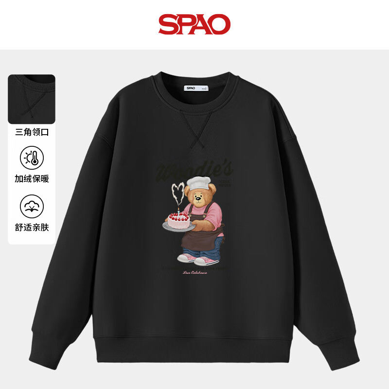 SPAO韩国同款冬季男女小熊潮牌美式运动百搭加厚保暖卫衣SPWY25SY13LD 黑#SP蛋糕小熊黑 M