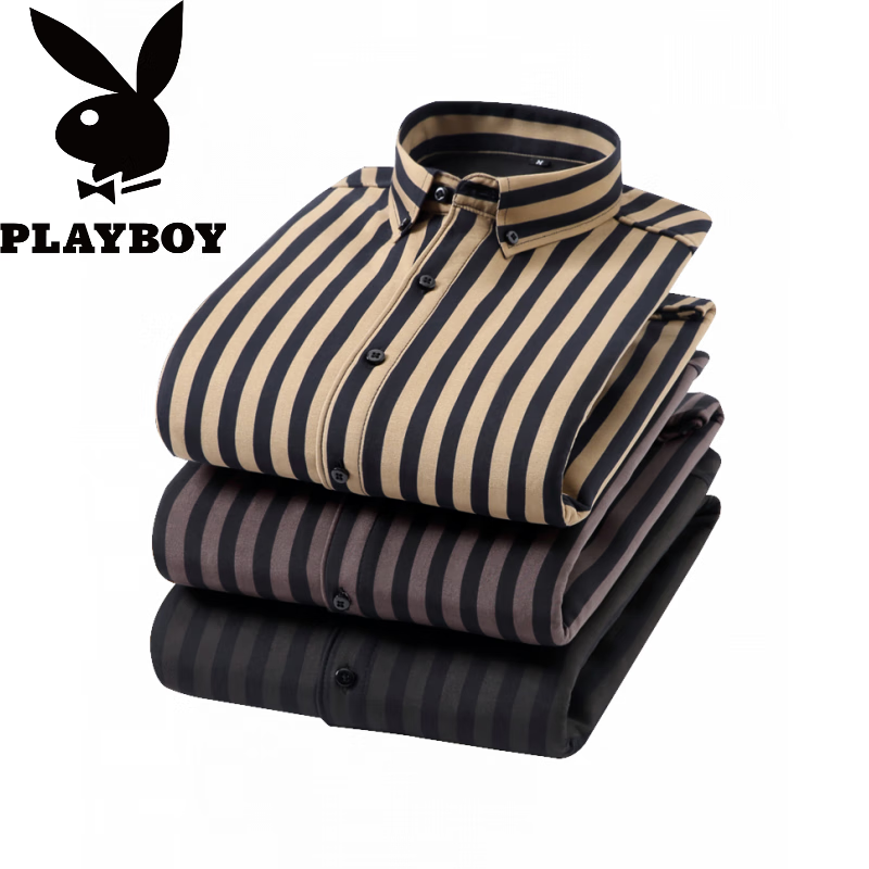 花花公子(PLAYBOY)保暖修身加厚秋冬衬衣条纹商务爸爸长袖男衬衫上衣宽松大码寸 黑色 保暖H15 加绒 M 建议90-105斤