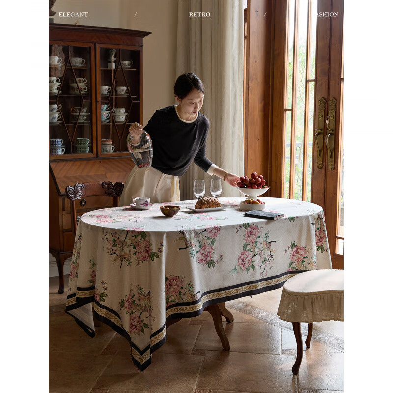 蜡笔派（Nabis）花间翎语桌布法式中国风氛围感餐桌盖布防水桌布茶几布 花间翎语-桌布 140*220cm单层卷边款/4-6人餐桌