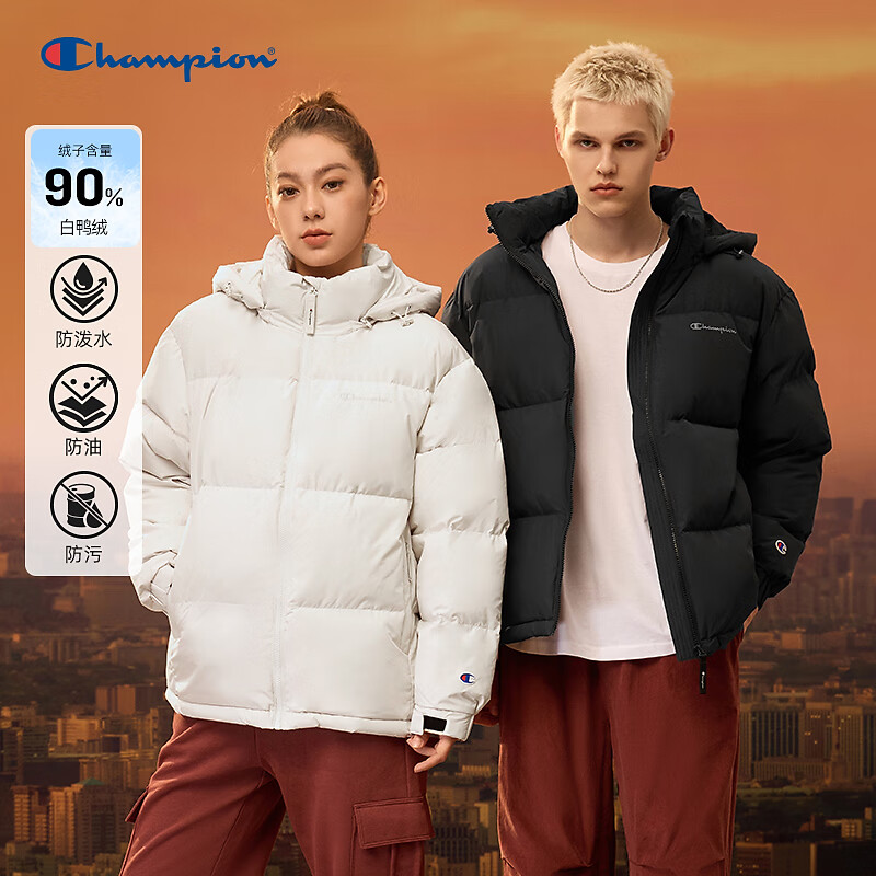 Champion【丁禹兮同款】冠军连帽三防羽绒服25秋冬新款短款面包服情侣装 黑色 XL