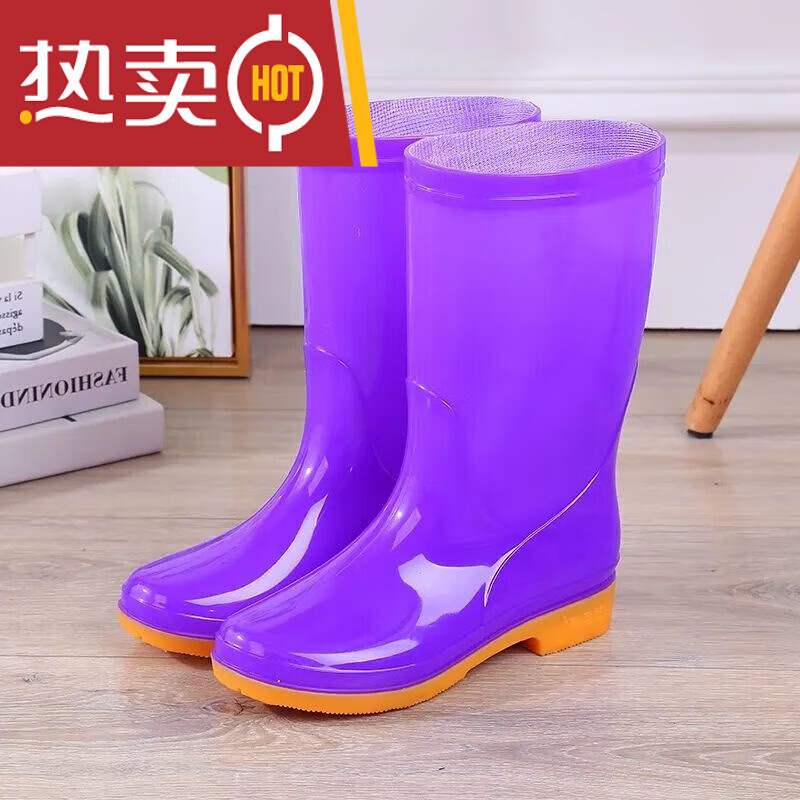 绒长筒胶鞋保暖防滑水鞋高筒防水套鞋雨靴鞋钓鱼鞋 f813中统紫色无棉