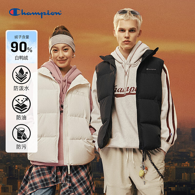 Champion【丁禹兮同款】[三防]冠军羽绒马甲男25冬新款休闲风 米白色 L