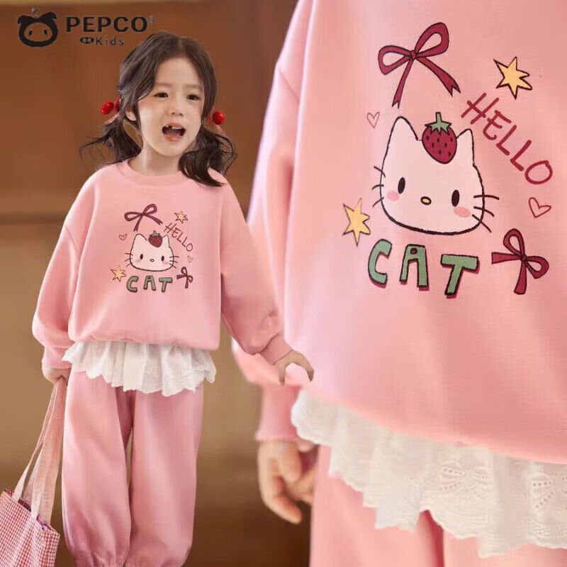 小猪班纳（PEPCO）女童卫衣套装可爱卡通印花秋季新款儿童洋气秋装宝宝屁帘裤两件套 MTH【猫咪】套装-粉色 130 (建议身高115-125cm)