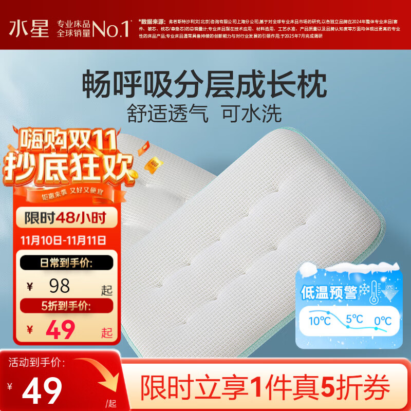 水星家纺枕头枕芯 婴幼儿A类畅呼吸分层可水洗成长枕 畅呼吸【莱赛尔/抗菌可水洗】蓝