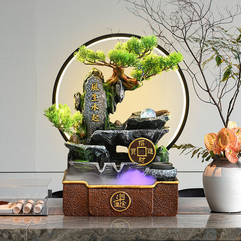 OYKTN风生水起假山流水生财风水轮客厅前台桌面摆件公司开业乔迁礼 江潭落月摆件-红棕盆【送鹅软石】 小号-不带灯圈-不带雾