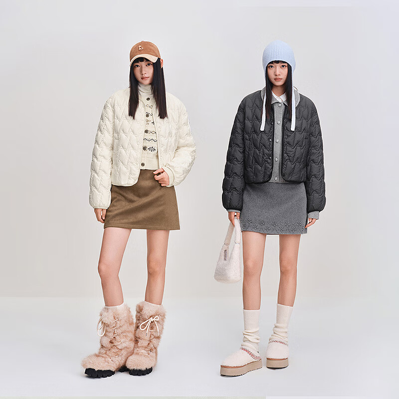 乐町小面包格外穿轻薄羽绒服女装2025冬季新款圆领短款内搭羽绒 云雾白（现货） M