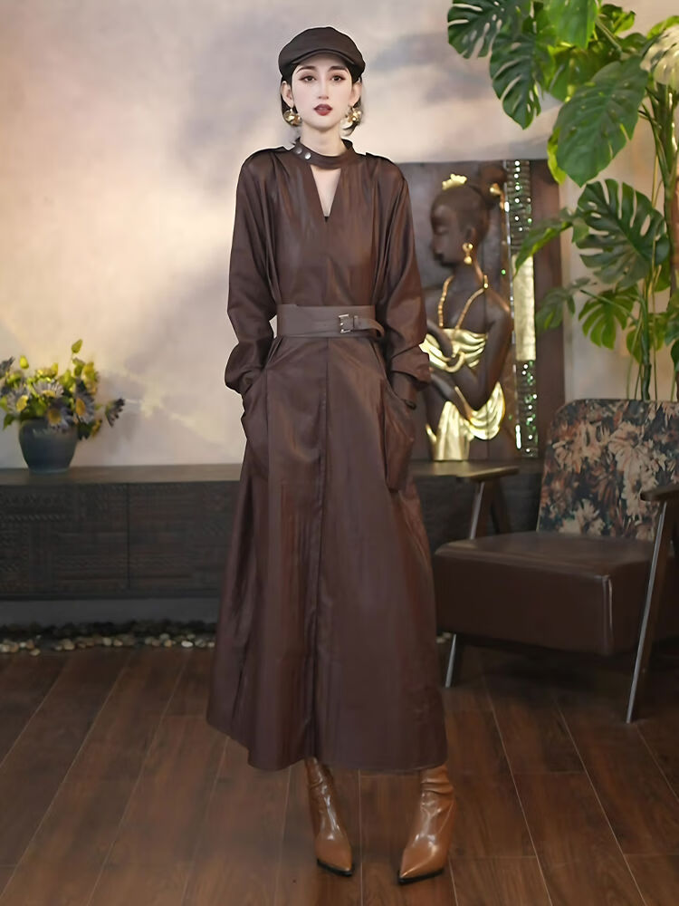 小红书同款2025秋季新款女咖色无袖连衣裙系带时尚气质优雅好 咖色连衣裙 L