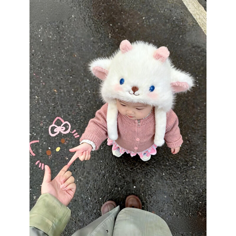 G.duck小黄鸭会动耳朵的帽子毛绒保暖女冬季可爱毛茸茸防寒儿童宝宝 呆萌羊角-米色【内置气囊+耳朵会动】 均码(头围46cm以上可戴)